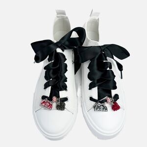 Vintage Sneaker Charm Set Black Satin Shoe Laces White Vegan Leather Sneakers